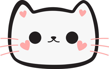 Cat Face Cartoon, Cute Cat Face Illustration, Kawaii Kitty Face with Heart Accents