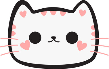 Cat Face Cartoon, Cute Cat Face Illustration, Kawaii Kitty Face with Heart Accents