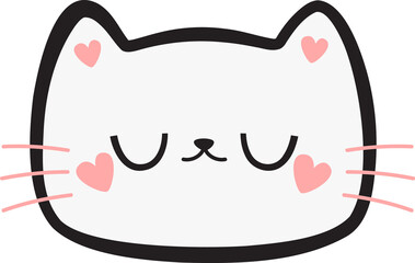 Cat Face Cartoon, Cute Sleeping Cat Face Illustration, Kawaii Kitty Close Eyes Face with Heart Accents