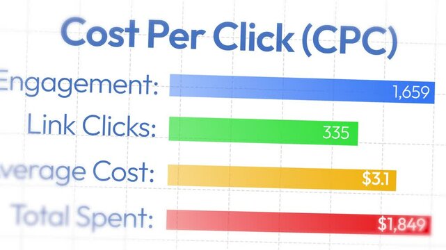 Cost Per Click report 4k animation with bars speeding and counting numbers, advertisement analytics concept design