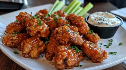 White plate of Buffalo wings, coated in hot sauce, with fresh parsley garnish, served with creamy blue cheese dip and celery sticks