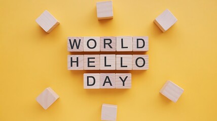 Bright and Playful World Hello Day Image with Wooden Letter Blocks on Vibrant Yellow Background