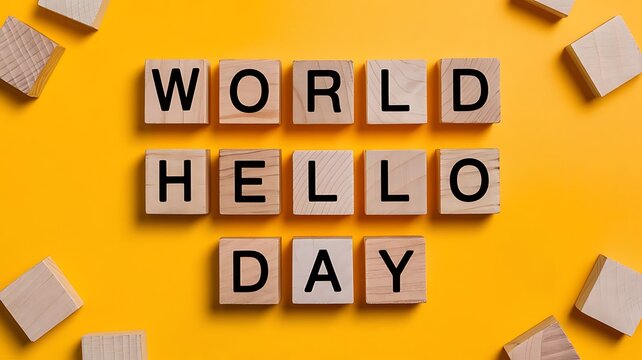 Bright and Playful World Hello Day Image with Wooden Letter Blocks on Vibrant Yellow Background