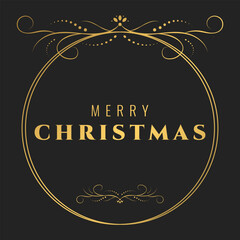 Merry Christmas and Happy New Year card with gold vintage round frame and typography on black background. Creative concept for flyer, banner, poster. Vector illustration