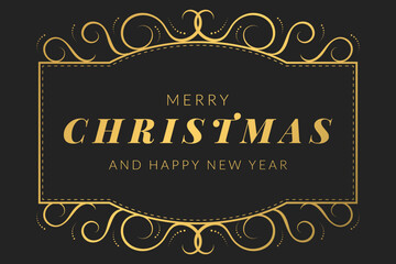 Merry Christmas and Happy New Year horizontal banner with gold vintage arabesque frame and typography on black background. Creative concept for card, poster. Vector illustration