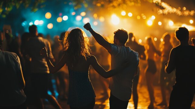 People joyfully dancing together at an outdoor concert party during a lively summer night under colorful lights