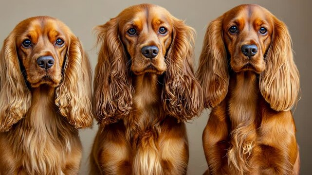 Three brown cocker spaniels sit in a row, staring intently at the camera