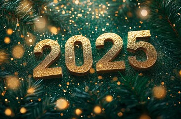Vibrant green background with golden numbers 2025 shining amidst twinkling lights and fir branches, celebrating the New Year