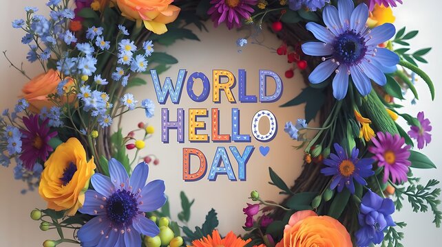 Cheerful World Hello Day Floral Wreath with Vibrant Blue, Orange, and Purple Flowers in a Circular Composition on Soft Background