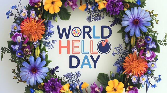 Cheerful World Hello Day Floral Wreath with Vibrant Blue, Orange, and Purple Flowers in a Circular Composition on Soft Background
