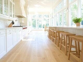 Bright, modern kitchen with wooden bar stools and large windows.