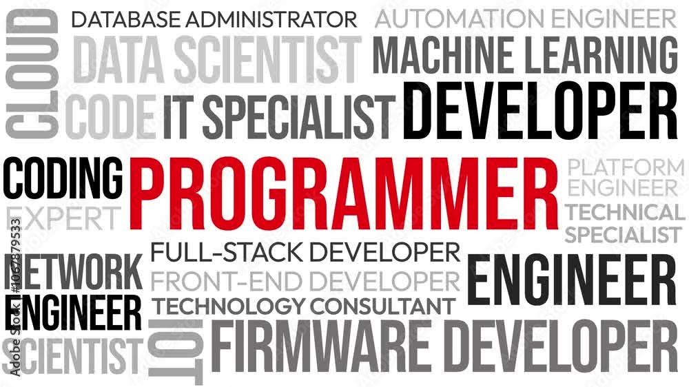Poster Programmer Typography with similar terms 4K Animation popping up background. Programming and coding concept text based backdrop