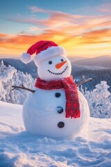 Obraz premium Cute snowman in heavy snow covered wild field at sunrise