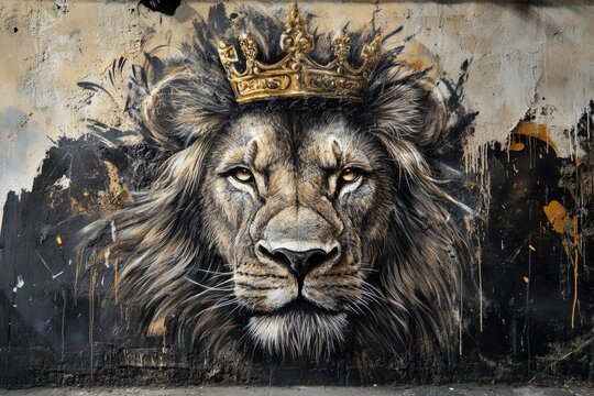 Painting of a lion with crown on a black and white wall
