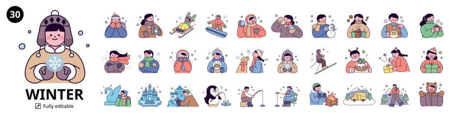People enjoying winter by wearing warm clothes during the cold winter. Warm food, winter leisure, and culture. outline simple vector illustration.