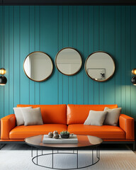 A modern living room featuring an orange sofa, a round white coffee table, a teal-paneled wall with mirrors, and a floor lamp, showcasing a vibrant teal, orange, and white color scheme.