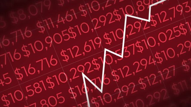 Money counter 4k animation with red background and white arrow going up. Inflation concept animation with numbers backdrop