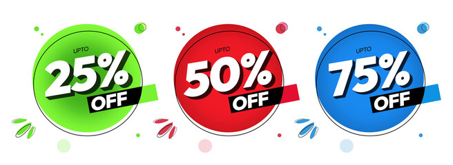 Sales percentage from 25 to 75 percent off colorful infographics collection with no background, transparent elements. Modern off sign design for sales, marketing and promotions