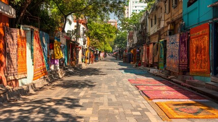 A vibrant street lined with colorful rugs for sale under trees.