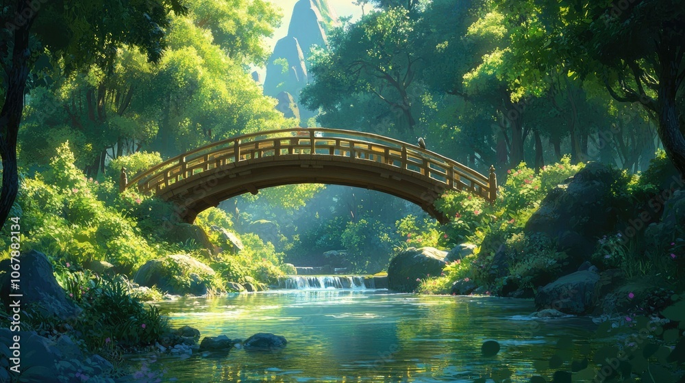 Poster a bridge crosses a tranquil stream in the heart of a lush forest, bathed in soft sunlight and surrou
