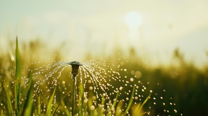 A close-up of a water sprinkler in a field, symbolizing the importance of modern irrigation for efficient crop hydration and farming practices