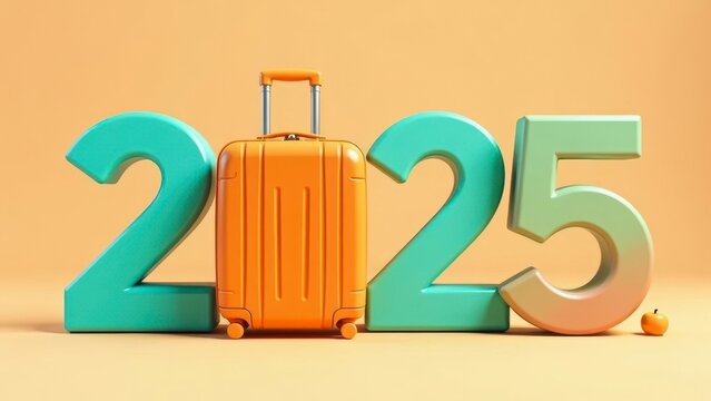 large bold teal number 2025 with orange suitcase instead of number 0 against peach background. advertising travel discounts or sales, new year 2025, luggage company or travel agency, tourism concept.