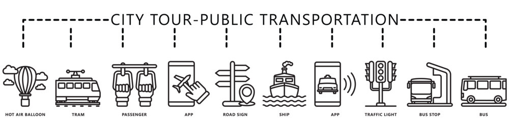 City tour, public transportation icon banner. contain tram, air balloon, traffic lights, ship, bus, train, app, passenger and more. Vector EPS 10. for print, UI or UX kit, web and app development.