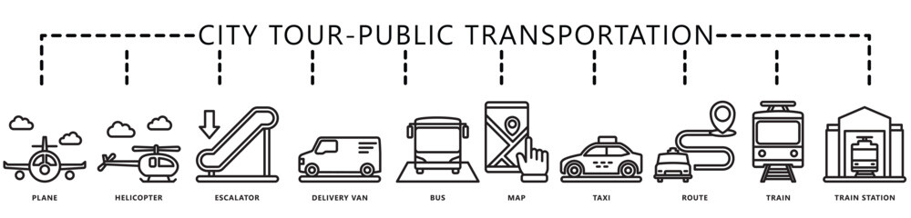 City tour, public transportation icon banner. contain plane, escalator, van, bus, map, helicopter, train, route, taxi, and more. Vector EPS 10. for print, UI or UX kit, web and app development.