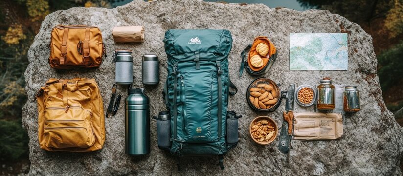 A backpack, two smaller bags, water bottles, snacks and a map laid out on a rock for a hiking trip.