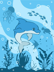 Obraz premium Illustration of dolphins in the blue ocean with shadows of fish jellyfish and turtles and sea plants