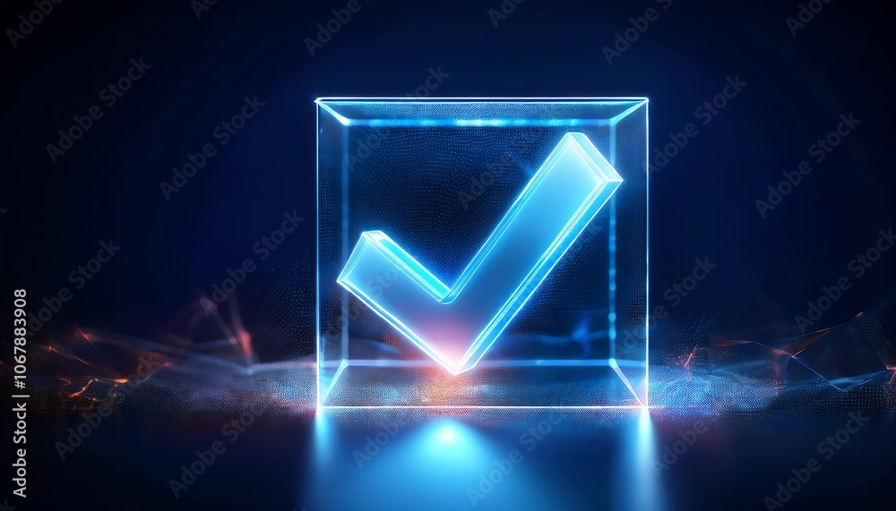 Poster a glowing checkmark encapsulated in a transparent cube, symbolizing approval or completion in a digi