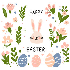 Vector set of easter elements with bunny, flowers, eggs. Easter chicken on the lawn.