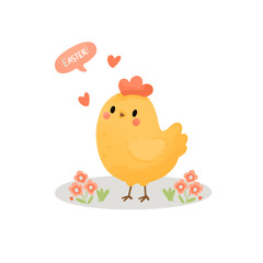 Vector set of easter elements with bunny, flowers, eggs. Easter chicken on the lawn.