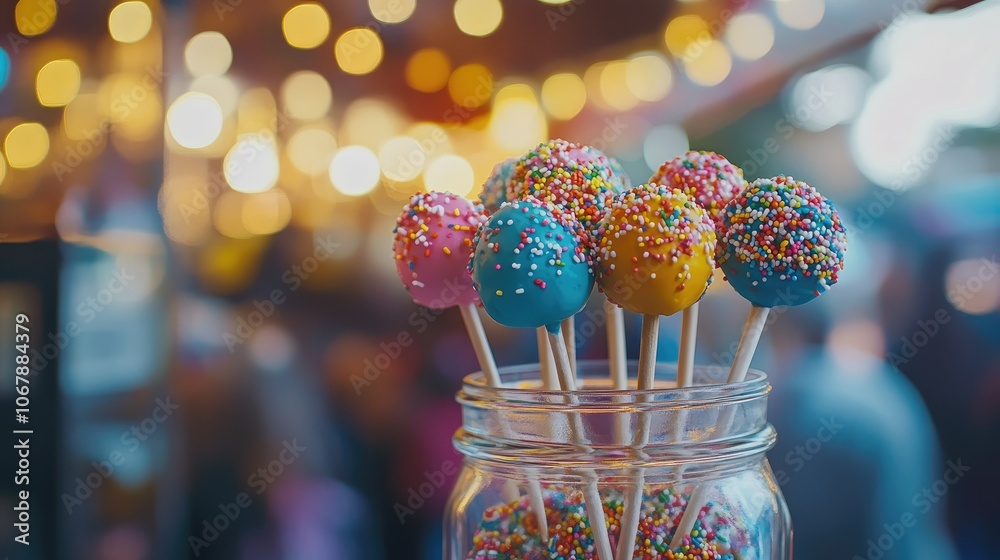 Poster a jar of brightly colored cake pops with sprinkles, creating a festive atmosphere for any special oc