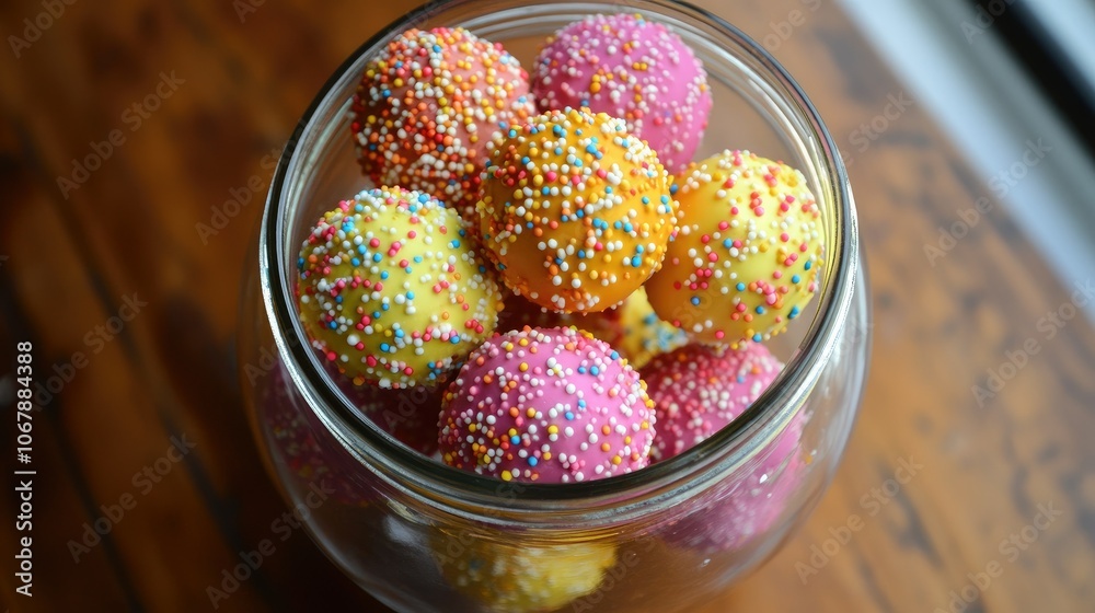 Poster a jar of brightly colored cake pops with sprinkles, creating a festive atmosphere for any special oc