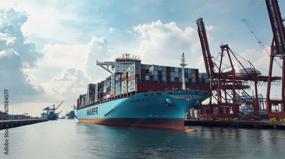 Poster a large maersk container ship anchored at the singapore port, with containers being loaded and unloa