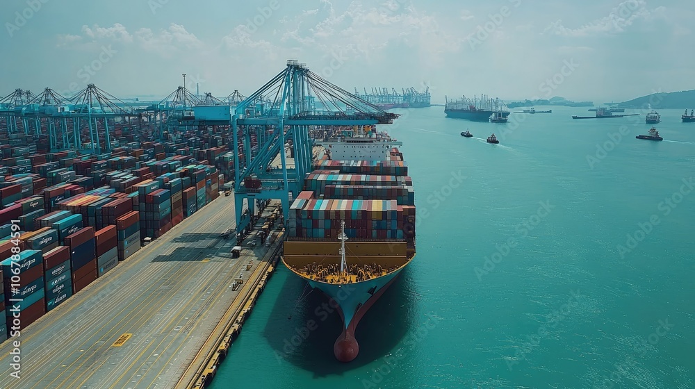 Aufkleber a large maersk container ship anchored at the singapore port, with containers being loaded and unloa