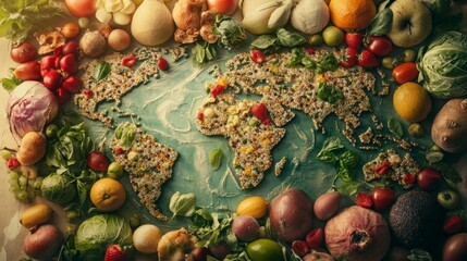 Celebrating World Food Day with a vibrant display of global produce arranged on a map of the world