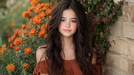Naklejka premium A young girl poses with flowers, showcasing natural beauty and serenity.