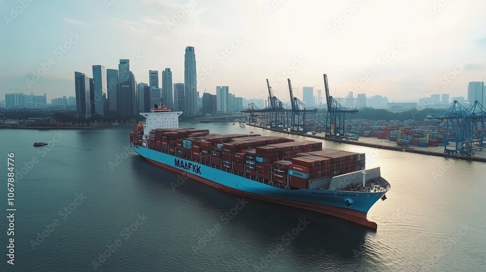 Poster a maersk container ship at anchor at singapore's container terminal, symbolizing global shipping and