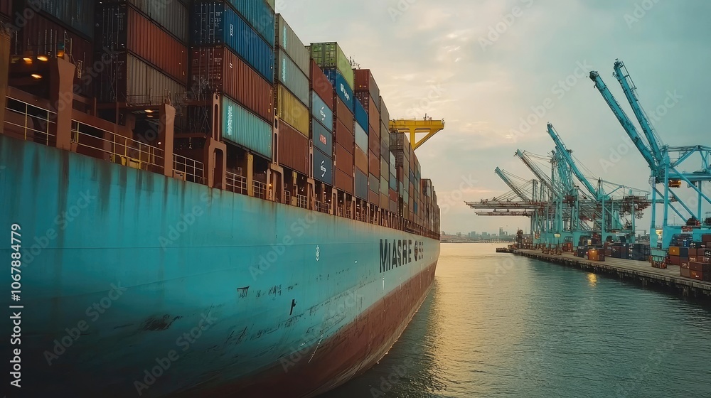 Poster a maersk container ship arriving at singapore's container terminal, highlighting the scale and logis