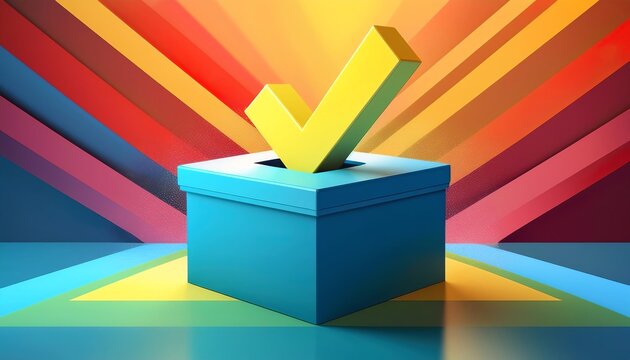 A colorful ballot box featuring a large check mark symbolizes voting and civic engagement.