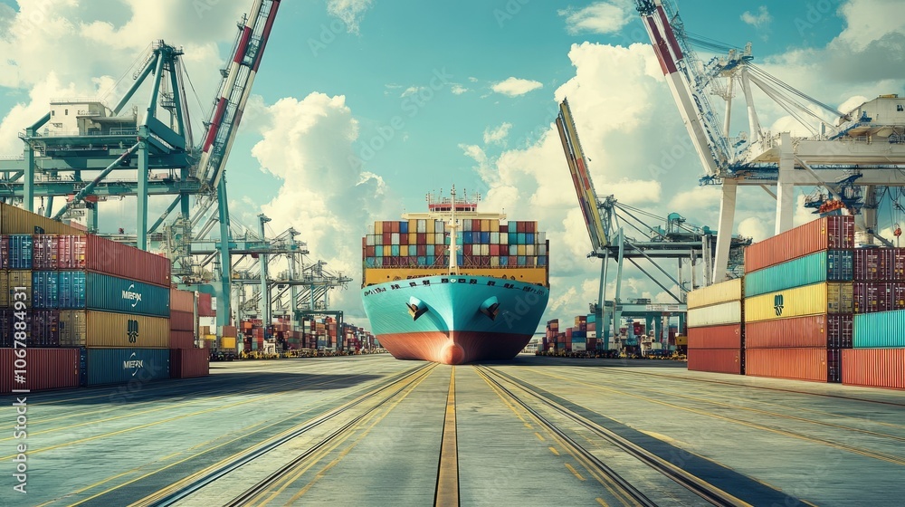 Aufkleber A Maersk container ship at Singapore container terminal, with bustling activity around it as containers are transferred to and from the ship