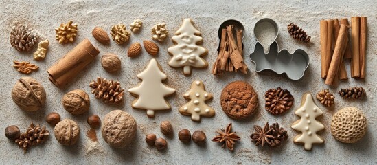 Christmas baking ingredients with cookies, nuts, cinnamon sticks, and star anise on a light gray background.