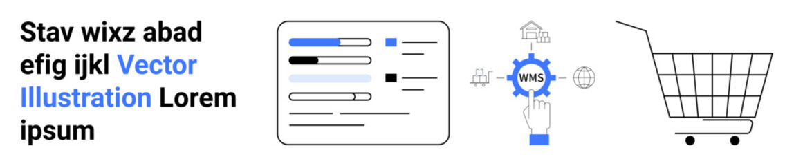 User interface dashboard with progress indicators, hand touching cogwheel surrounded by payment icons, shopping cart with wheels. Ideal for e-commerce, digital marketing, web design, tech services
