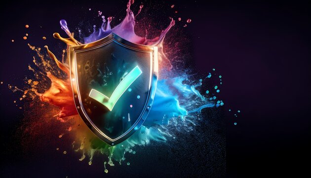 A vibrant shield with a checkmark, surrounded by colorful splashes, symbolizes security and validation against a dark background.
