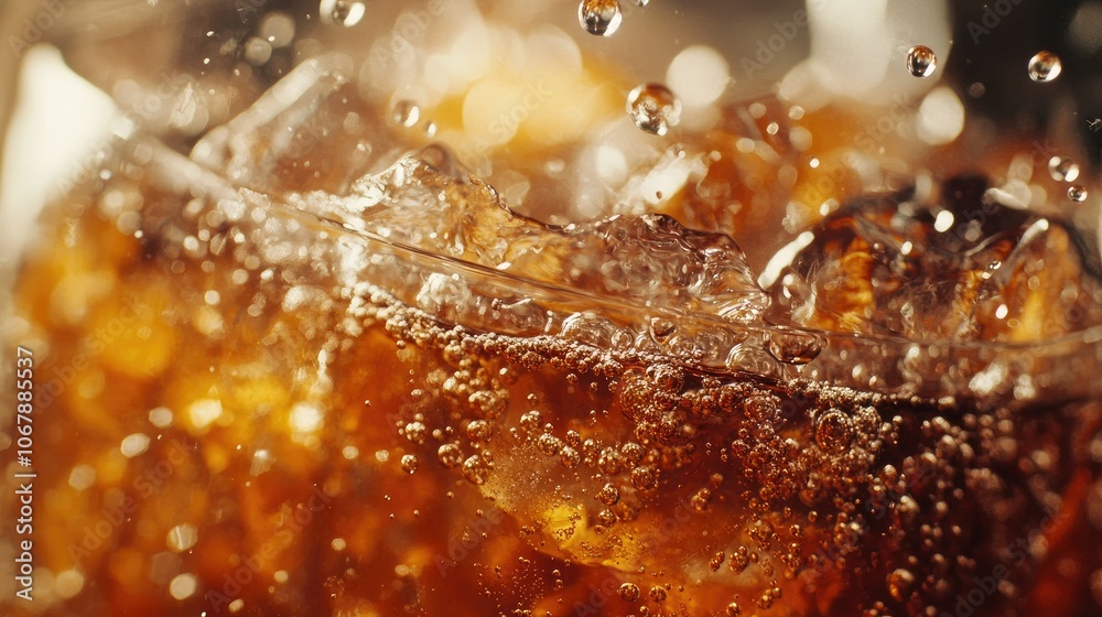 Poster a slow motion shot of cold brew coffee filtering through glass, with droplets falling into a waiting