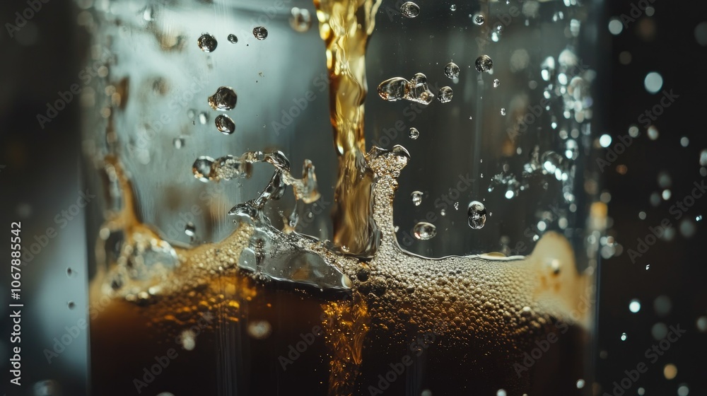 Poster a slow motion shot of cold brew coffee filtering through glass, with droplets falling into a waiting