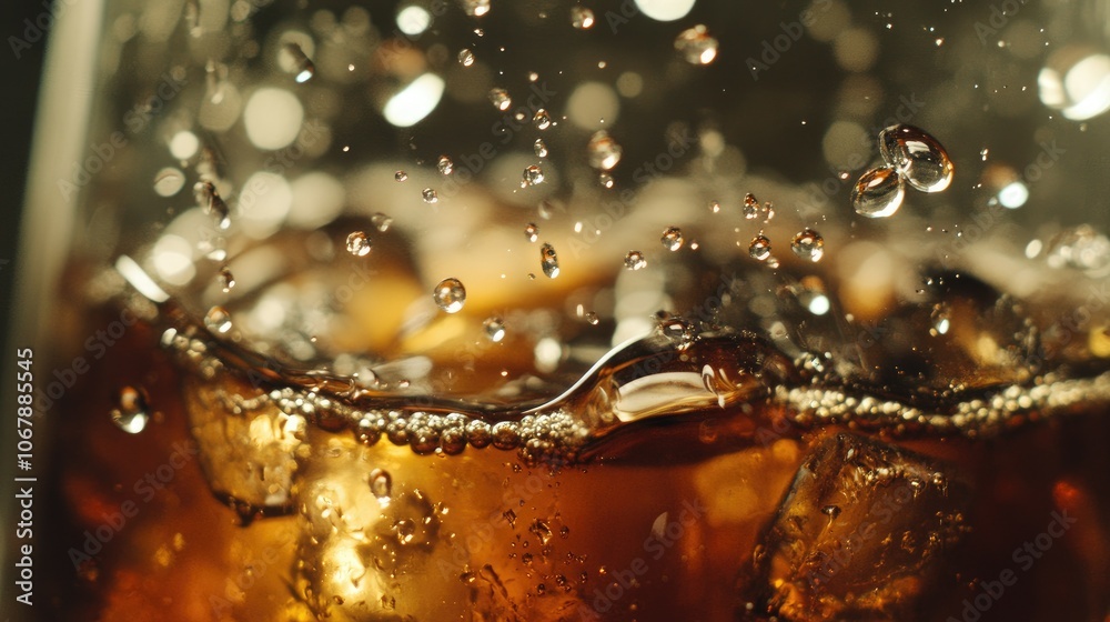 Poster a slow motion shot of cold brew coffee filtering through glass, with droplets falling into a waiting