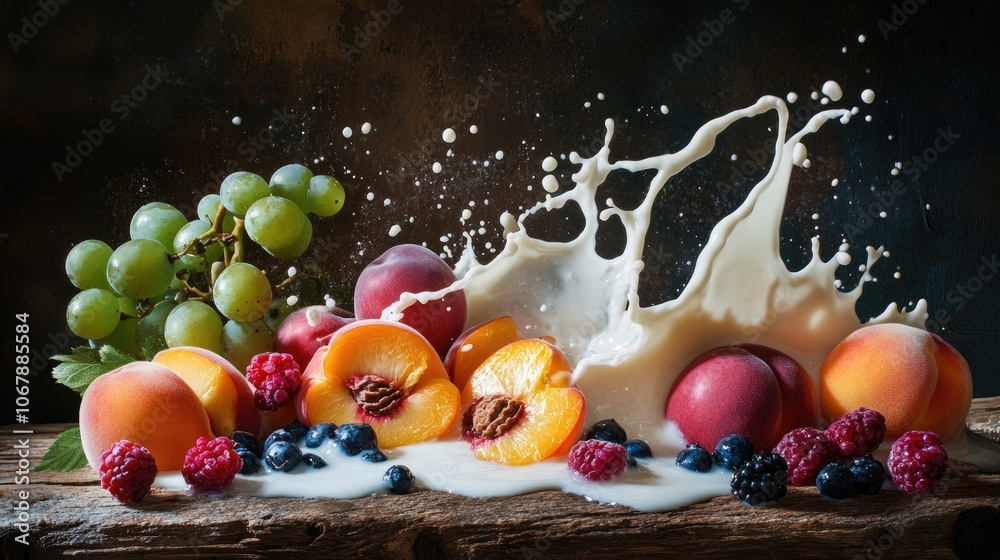 Poster a splash of milk collides with an array of fresh fruits like peaches, berries, and grapes, against t